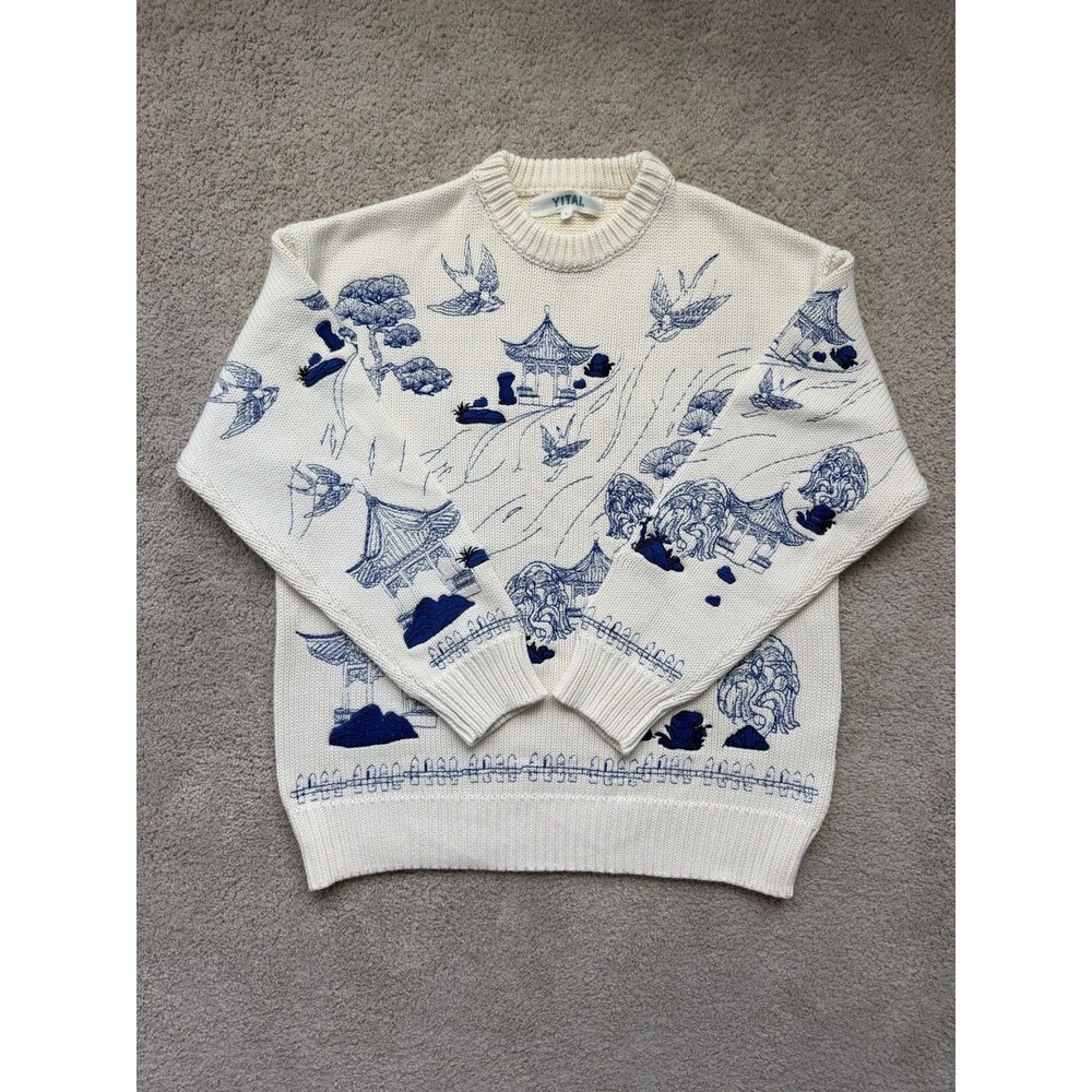 YITAI Unisex Cream Fine China Print Crew Neck Knit Sweater Size Large